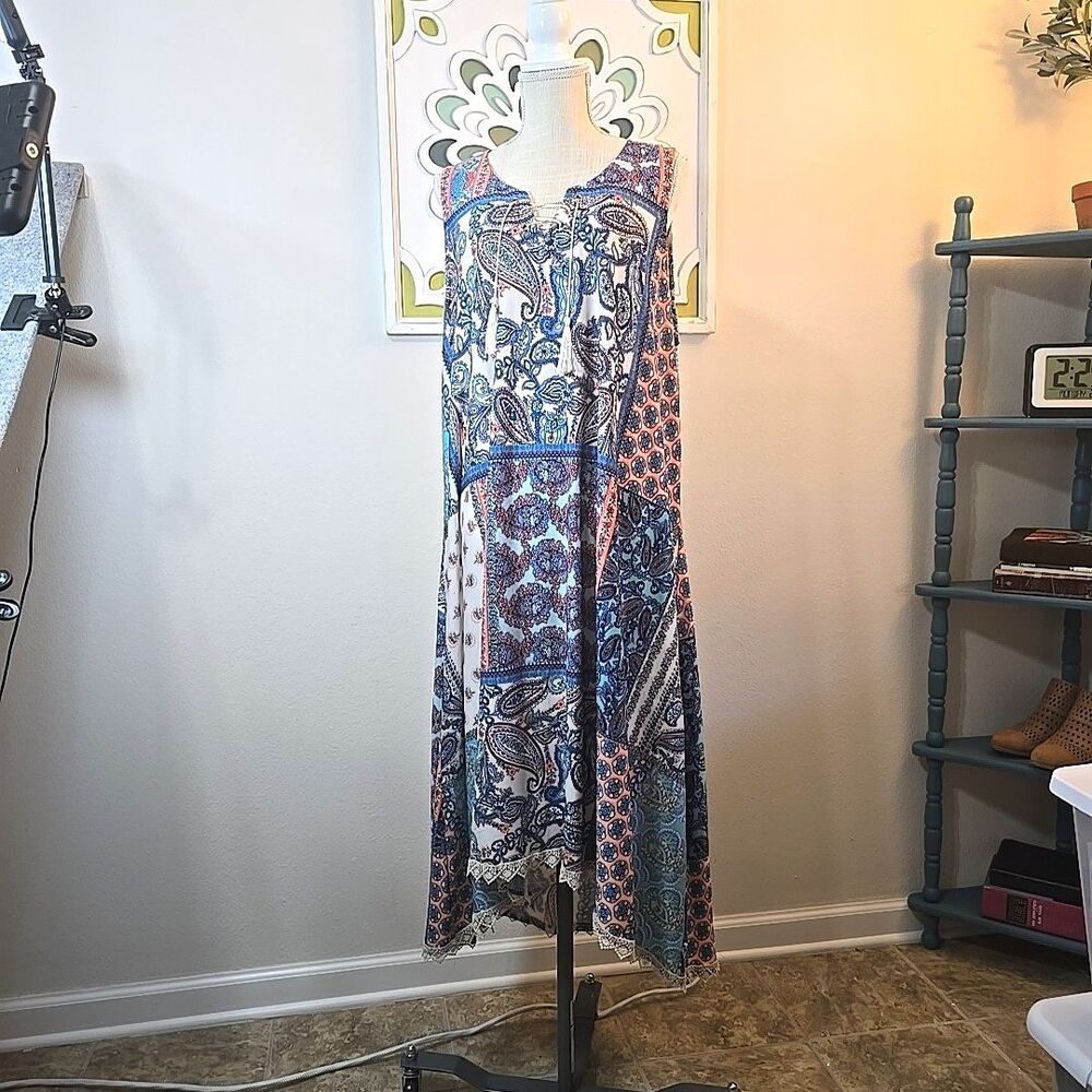One World Boho Tank Dress Blue Patchwork Plus Size 3X Hi Low Hem Lace-Up V-Neck
